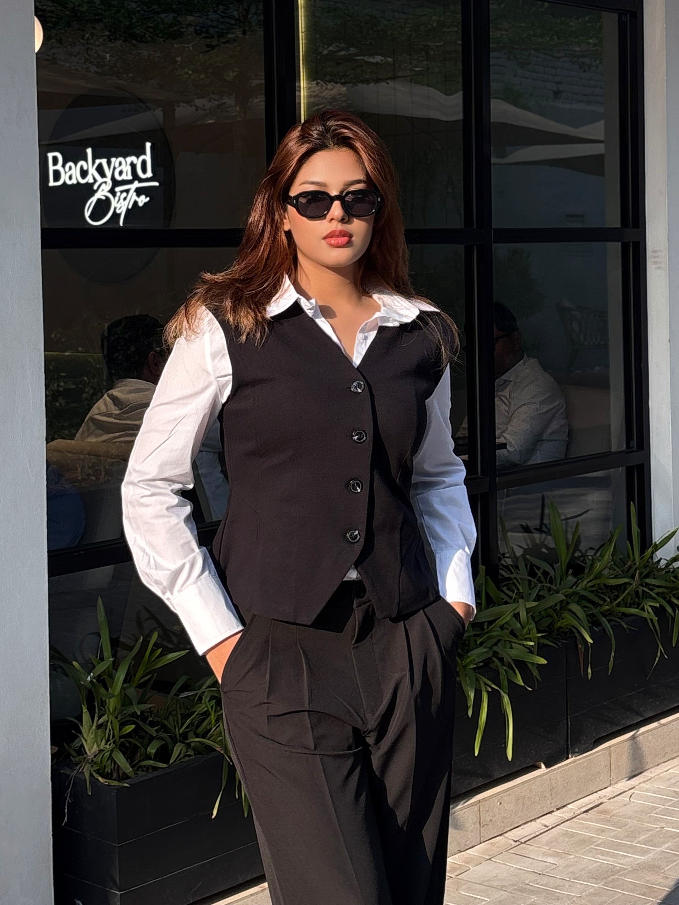 women's best black vest styling with white formal shirt and black formal pant. Trendy Buzz BD.