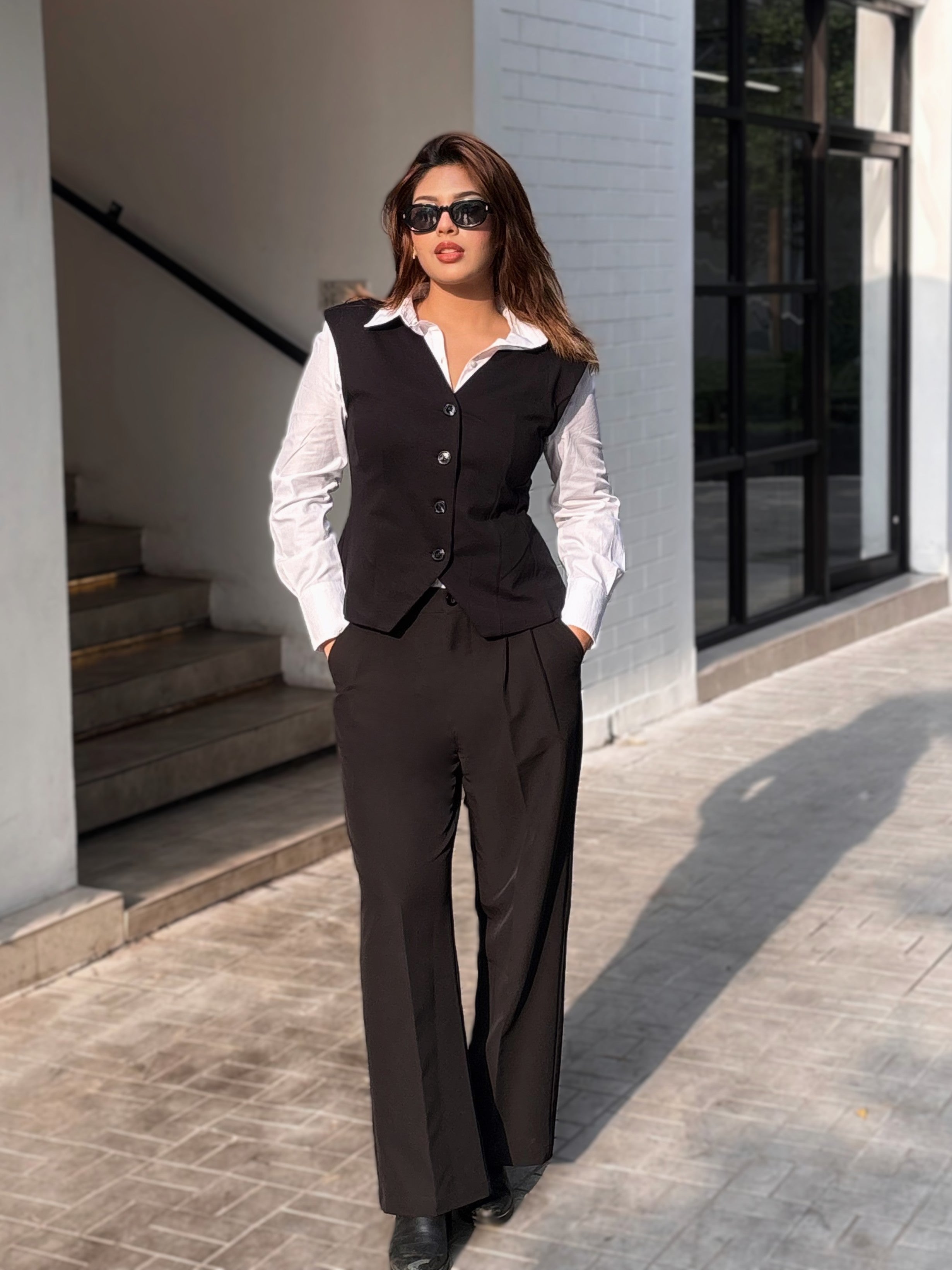 women's best black vest styling with white formal shirt and black formal pant. Trendy Buzz BD.