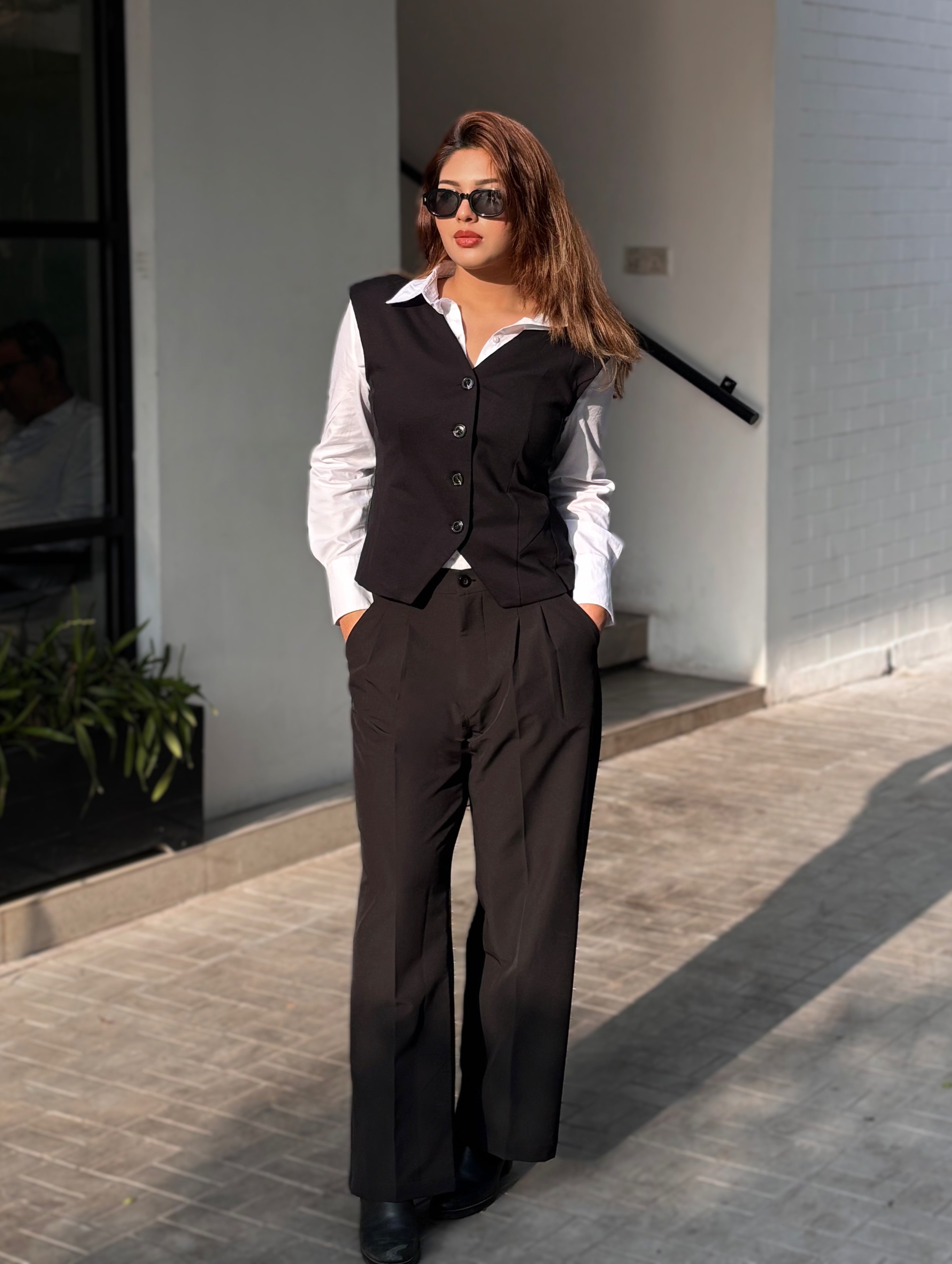 women's best black vest styling with white formal shirt and black formal pant. Trendy Buzz BD.