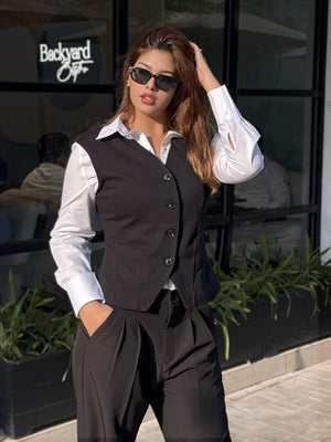 women's best black vest styling with white formal shirt and black formal pant. Trendy Buzz BD.