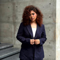 Women's dark navy all-over print blazer with single-button closure and structured fit