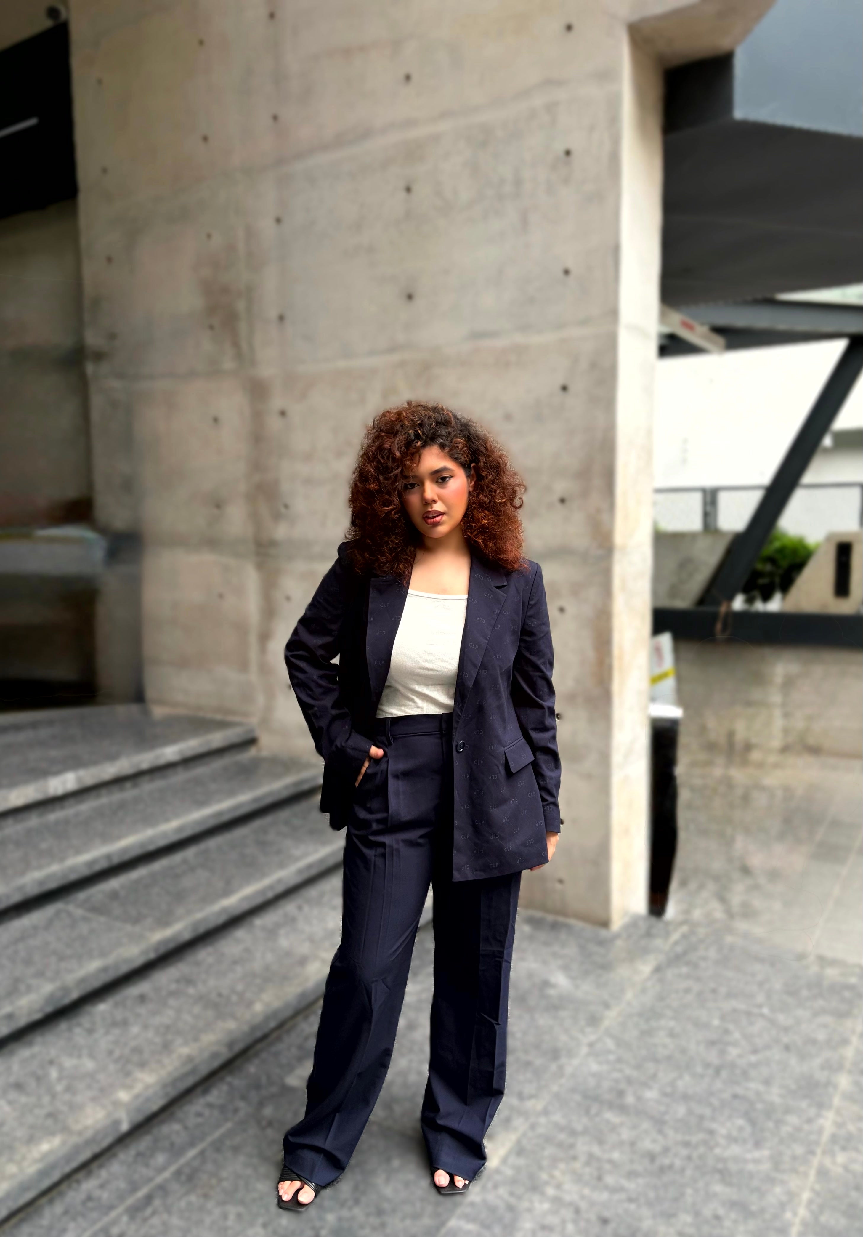 Women's dark navy all-over print blazer with single-button closure and structured fit