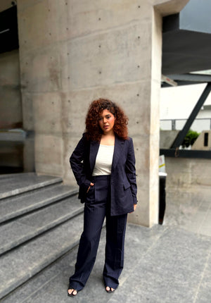 Women's dark navy all-over print blazer with single-button closure and structured fit
