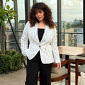 Women’s white pinstripe linen blazer with black stripes and front pockets
